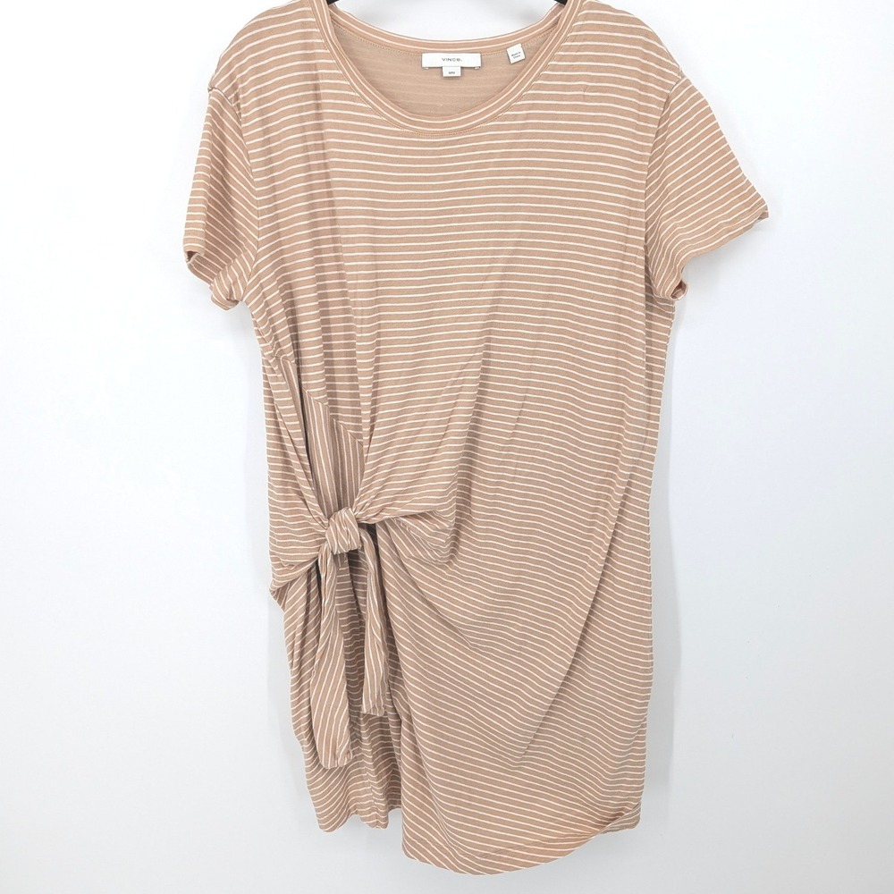 Vince T-Shirt Dress Women Medium Tan Striped Side Tie Cotton Knit Minimalist
